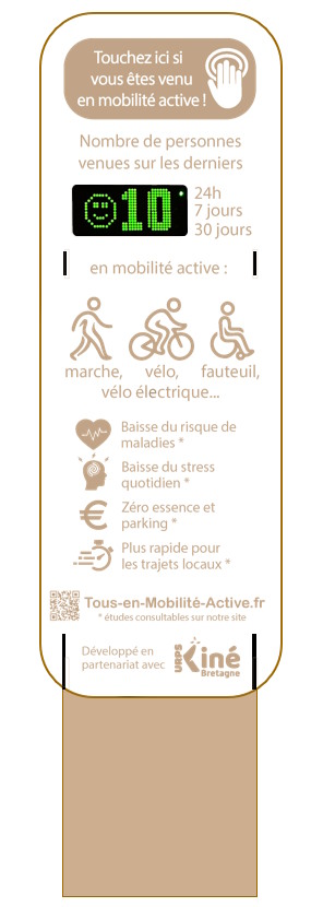 Vue de la borne avec &eacute;cran, bouton d'interaction et pictogrammes des mobilit&eacute;s actives.
