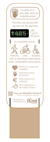 Vue de la borne avec écran, bouton d'interaction et pictogrammes des mobilités actives.